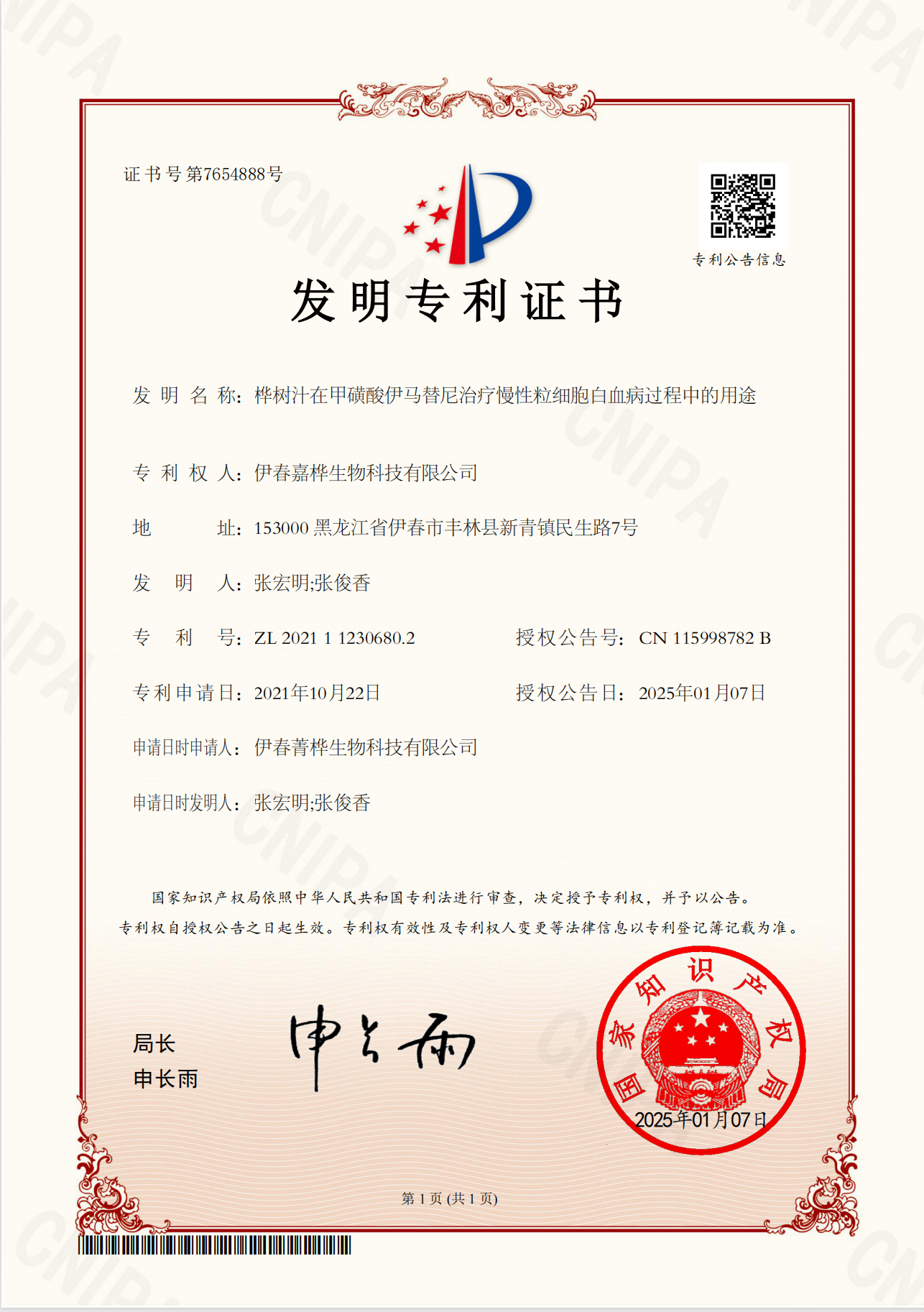 桦树汁在甲磺酸伊马替尼治疗慢性粒细胞白血病过程中的用途